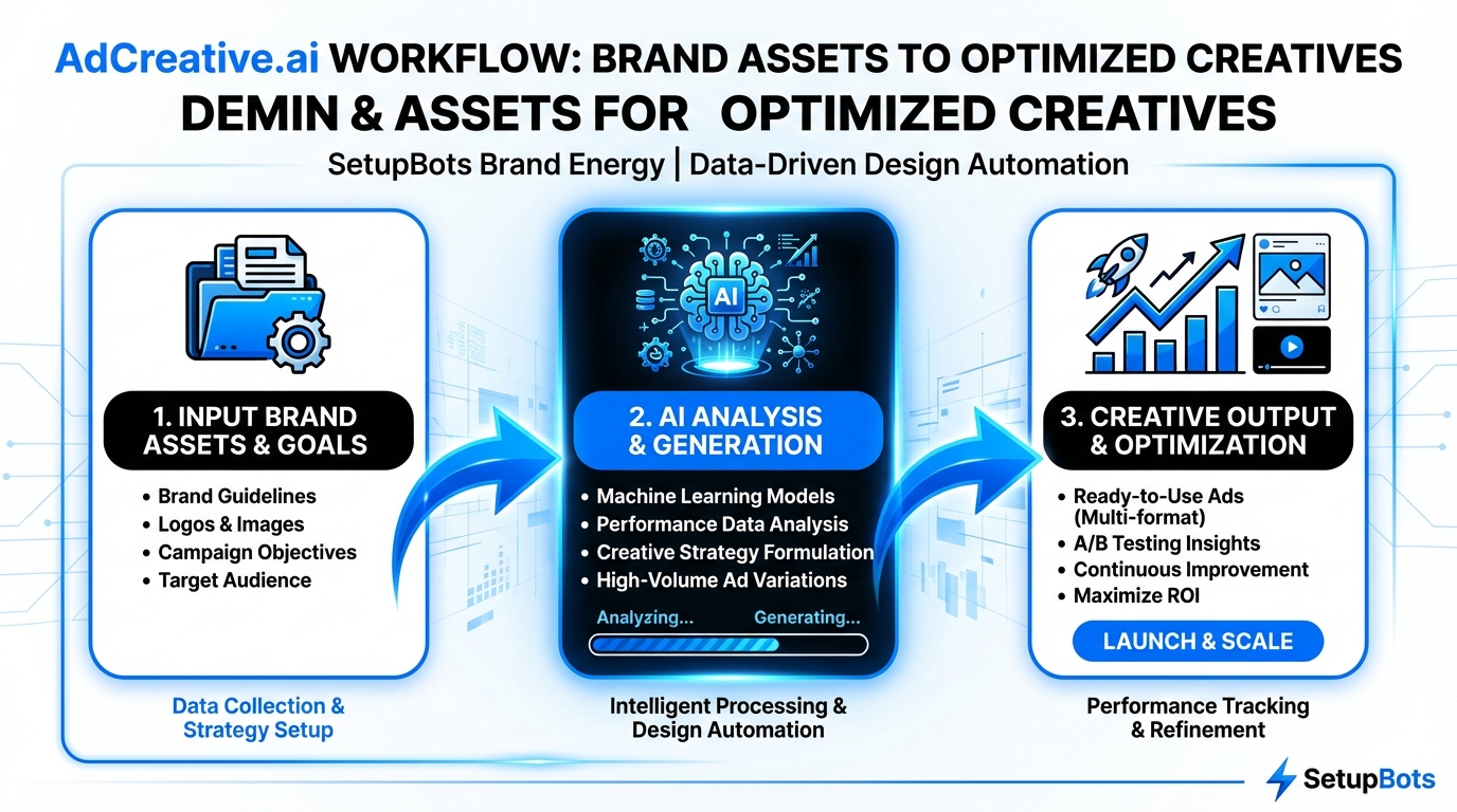 adcreative.ai review infographic showing the AI creative generation workflow