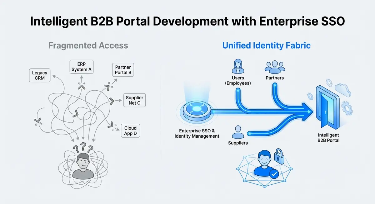 Diagram comparing fragmented access vs intelligent B2B portal development with SSO integration