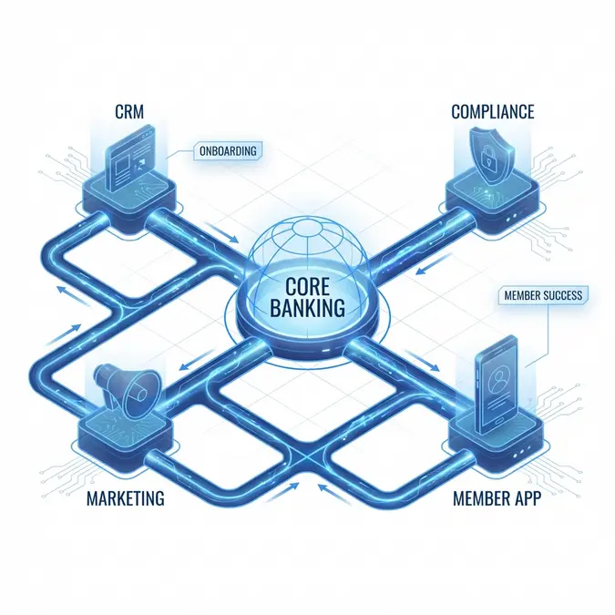 Infographic showing the connected ecosystem of a credit union member onboarding automation agency strategy