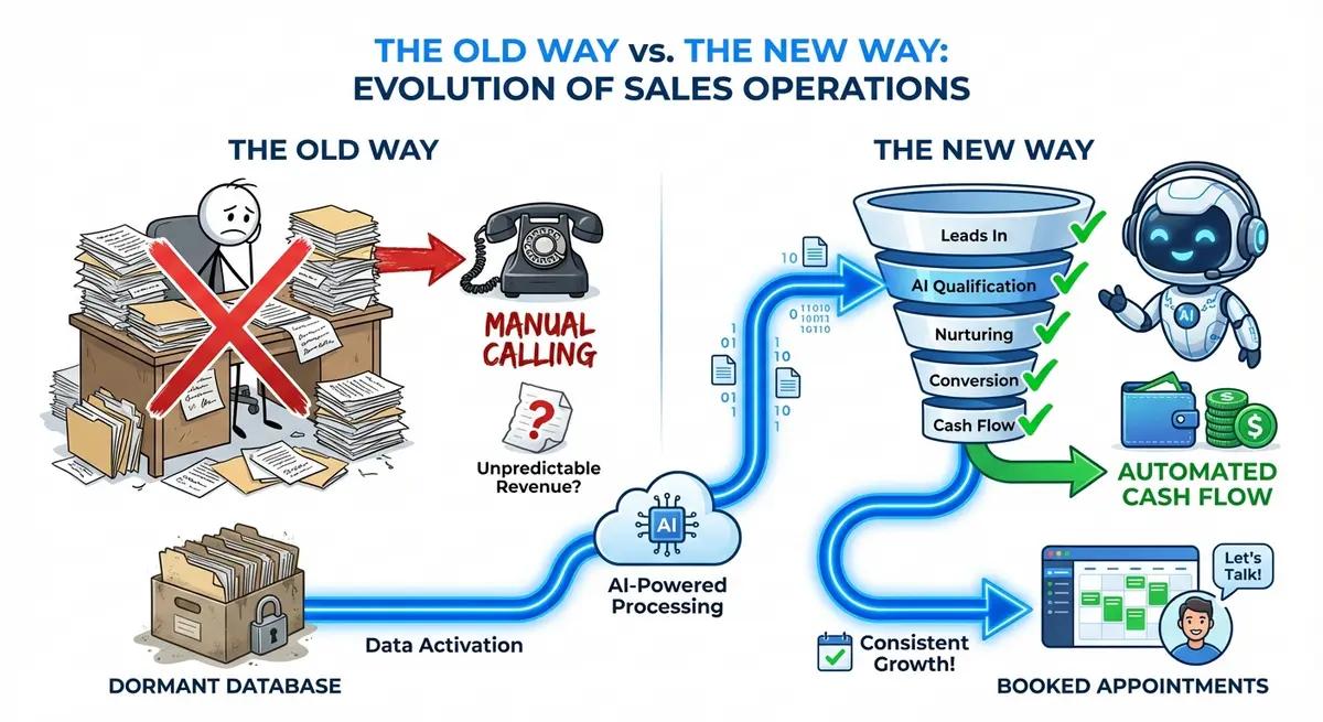 Infographic comparing manual lead chasing vs AI agency for database reactivation system old leads to cash