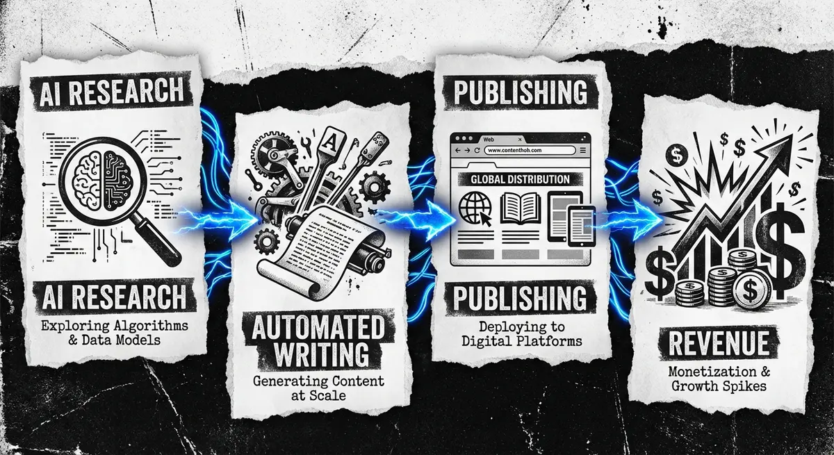 Diagram of an agency for AI content engine blog to revenue pipeline workflow