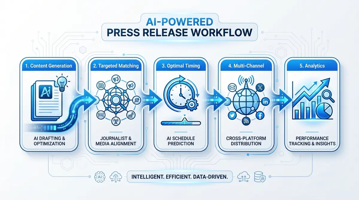 Infographic showing the workflow of an agency for AI press release distribution automation