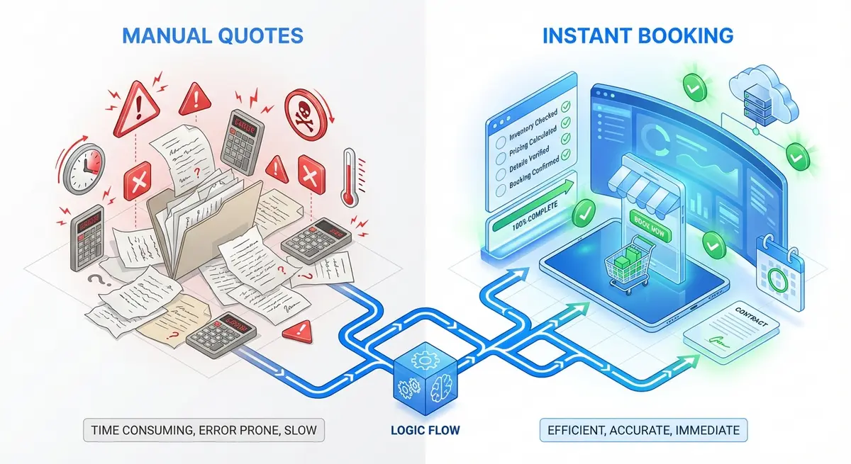 Infographic comparing manual moving quotes versus automated moving cost estimator with booking system