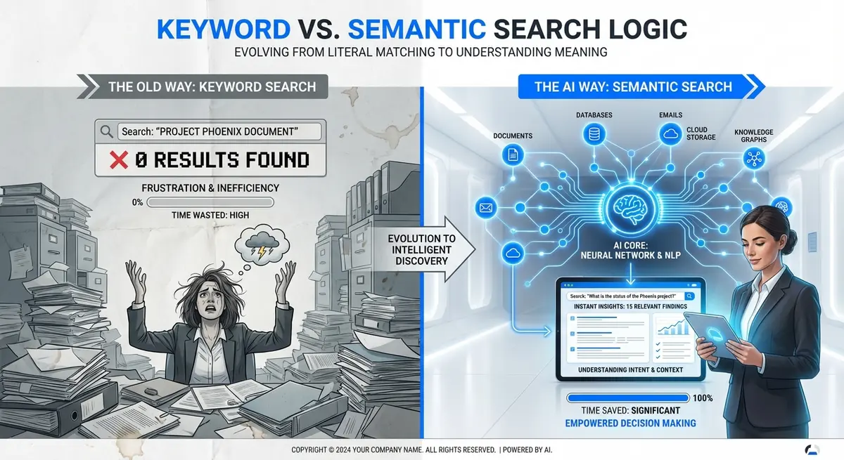 Infographic comparing traditional keyword search with AI semantic search by an agency for enterprise search implementation