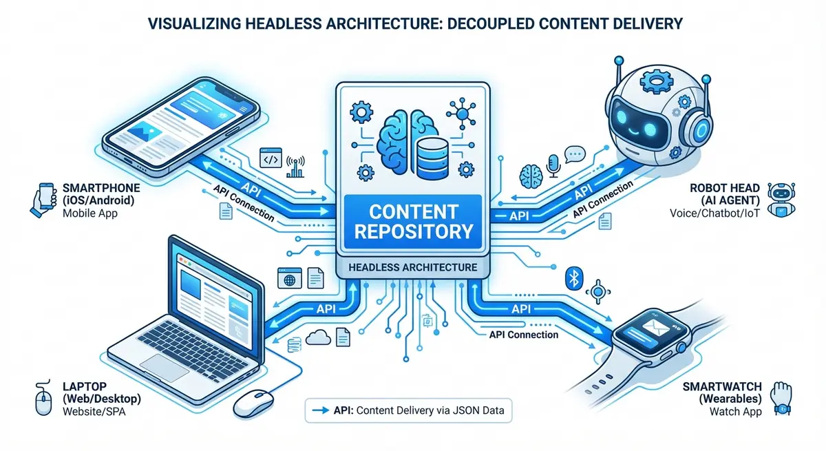 Headless CMS architecture diagram showing API delivery to multiple channels including AI agents