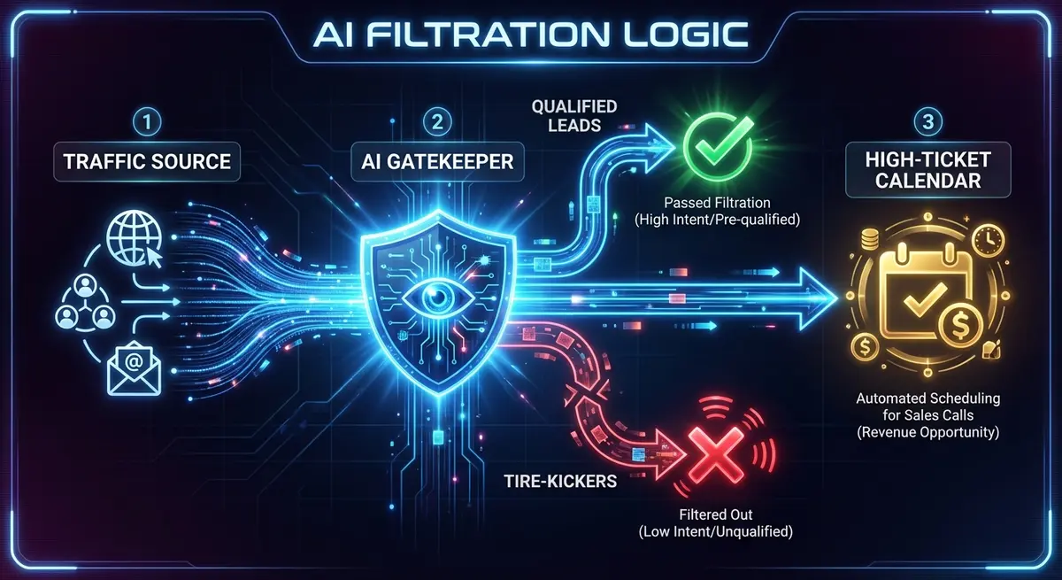 Infographic showing how an agency for high ticket application funnel development uses AI to filter leads