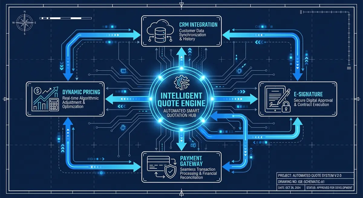 Blueprint infographic showing the architecture of a custom interactive quote builder web application including CRM and payment integration