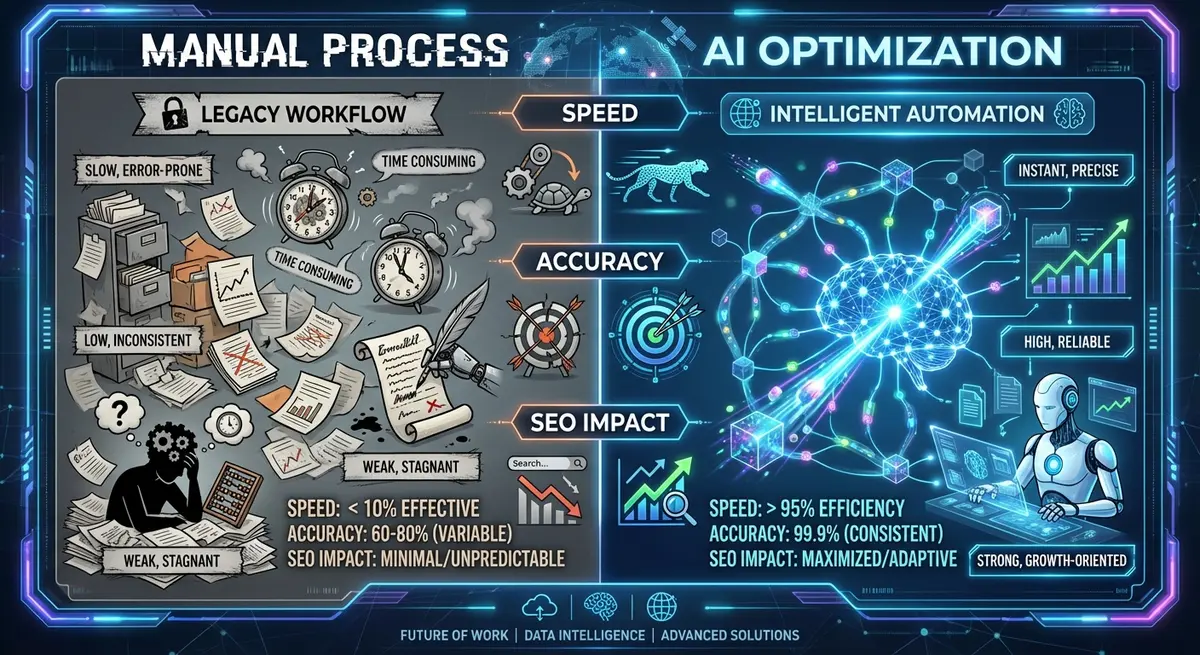 Comparison of manual podcast show notes writing versus AI-driven transcript optimization