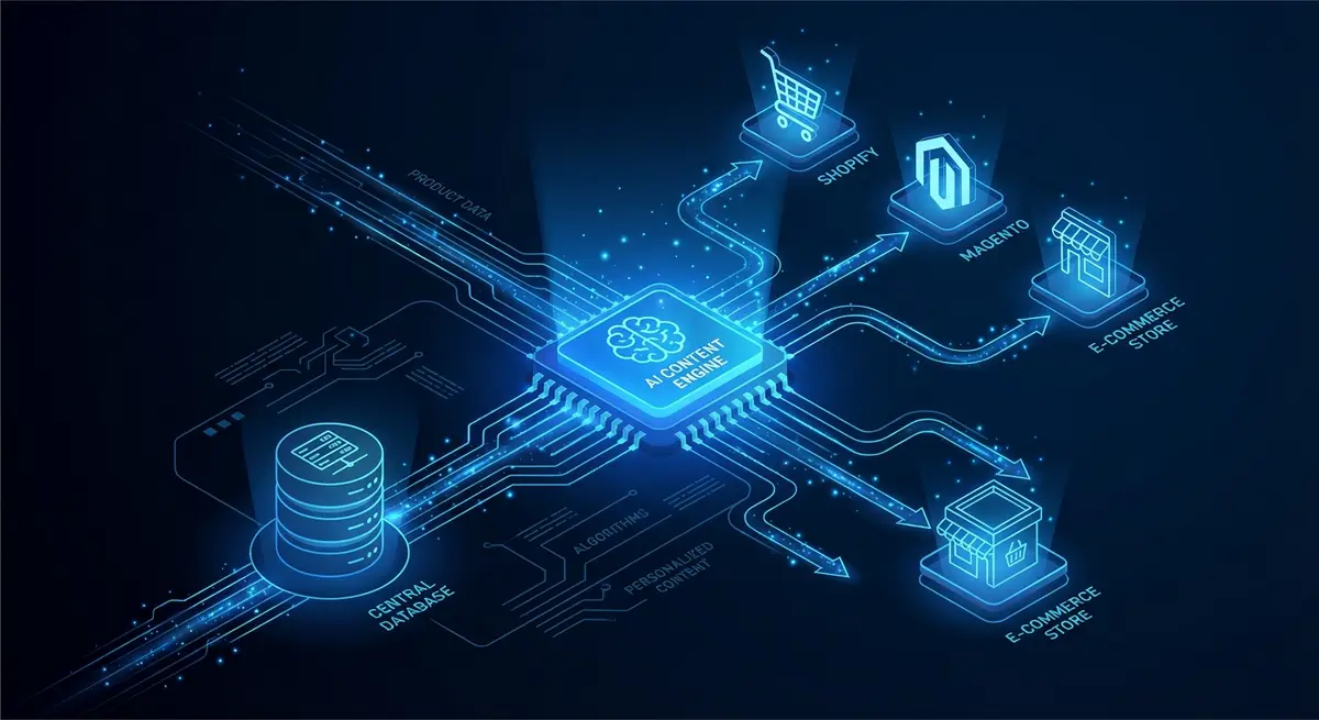 Architecture diagram of an agency for product description ai writer ecommerce system showing data flow from PIM to storefronts