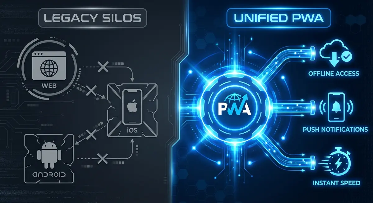 Comparison of legacy siloed development versus unified agency for progressive web app pwa conversion architecture