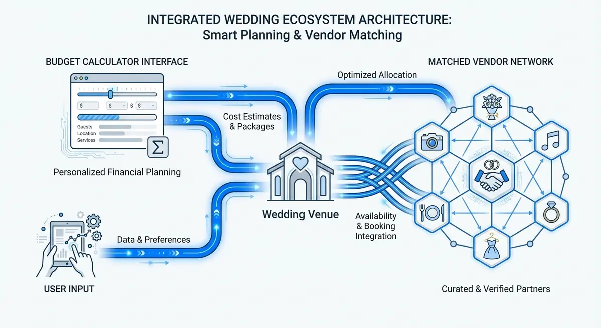 Infographic showing how an agency for wedding budget calculator with vendor matching integrates venues and vendors