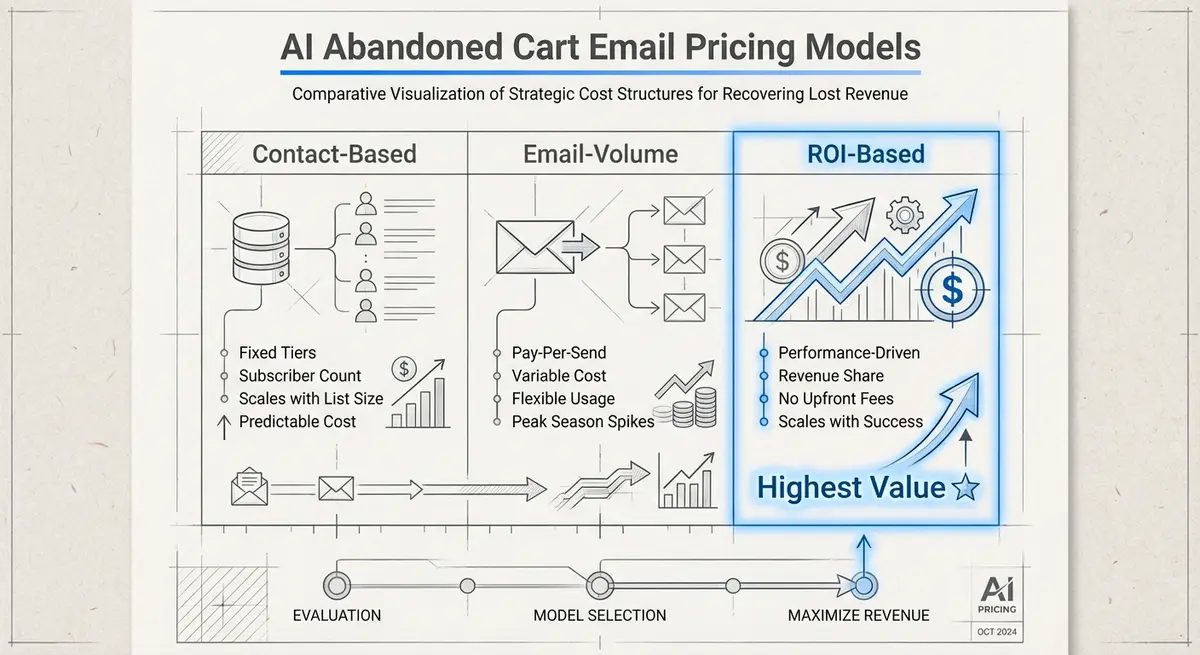 Infographic comparing AI abandoned cart email pricing models and ROI
