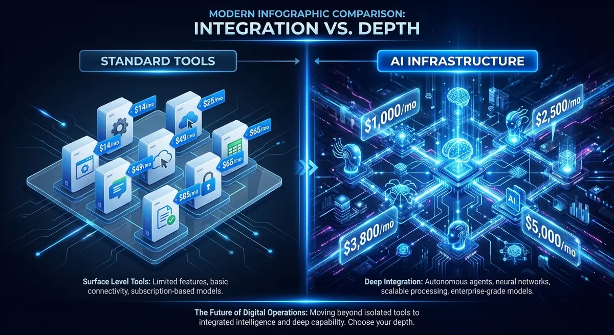 Infographic comparing standard AI account management pricing tools versus custom AI infrastructure costs
