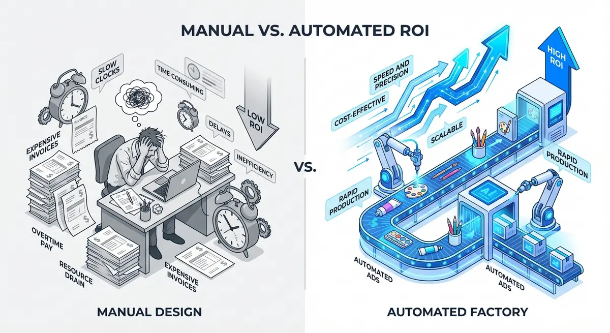 Infographic comparing manual design costs versus automated ai ad generation for art supplies cost efficiency