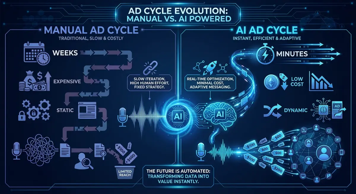 Infographic showing speed and cost benefits of ai ad generation for audio equipment pricing