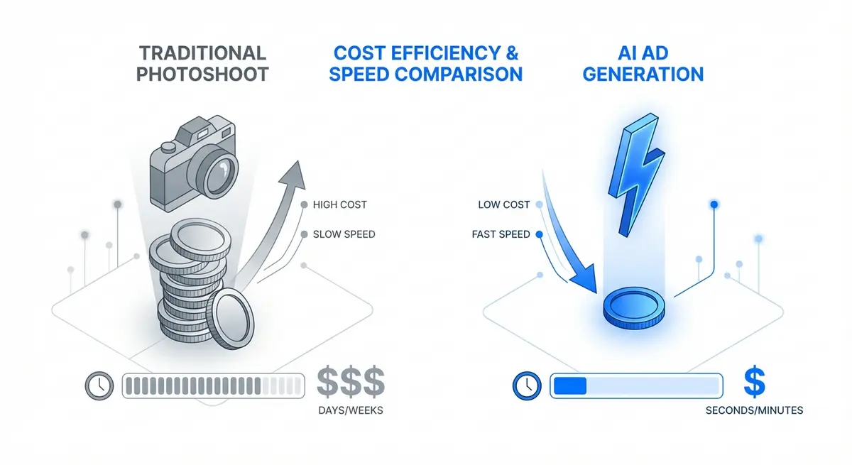 Infographic comparing traditional photography costs vs ai ad generation for bath products cost