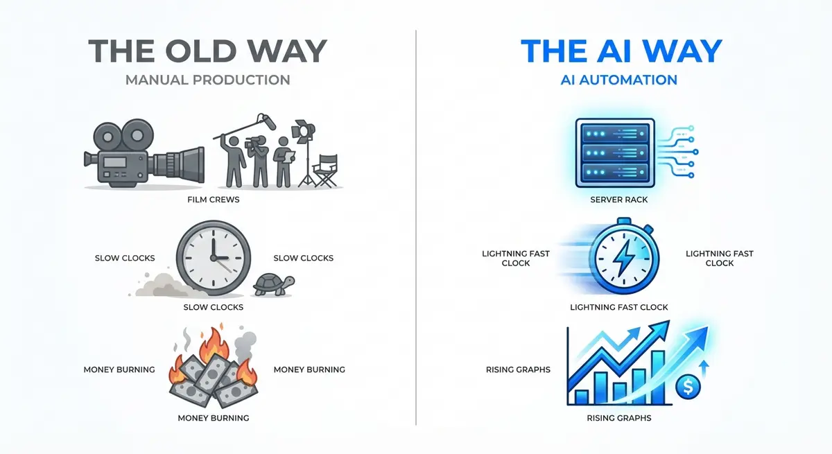 Infographic comparing traditional ad production costs versus ai ad generation for beverage brands cost efficiency