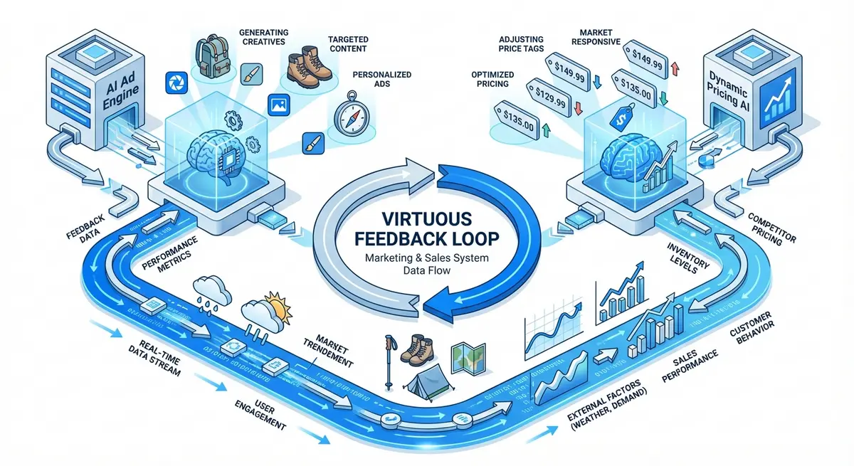 Infographic showing the feedback loop between AI ad generation for camping gear pricing and dynamic revenue management