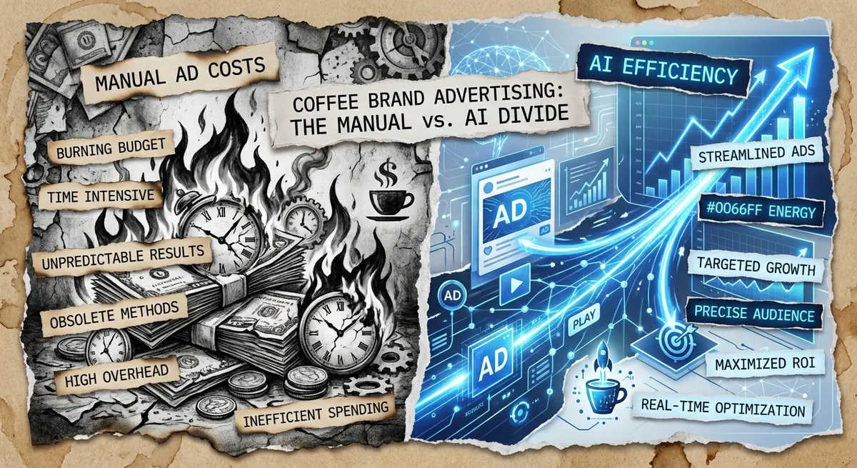Infographic comparing manual ad creation costs versus AI ad generation efficiency for coffee brands
