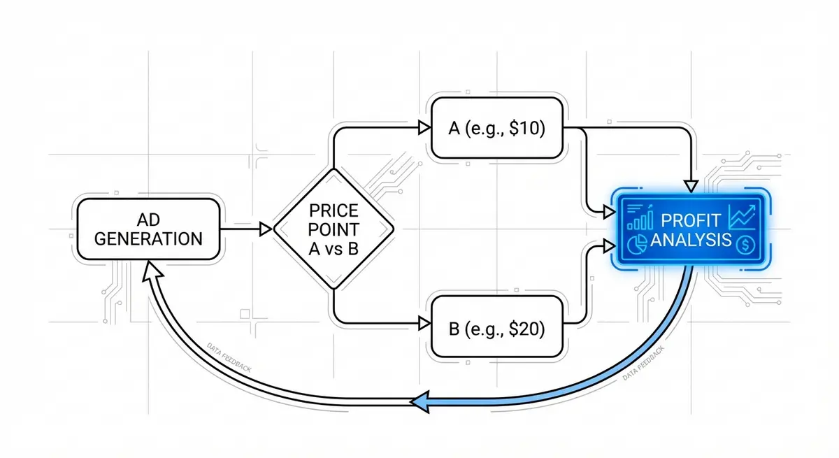 Infographic showing the logic of AI ad generation for craft beer pricing and A/B testing