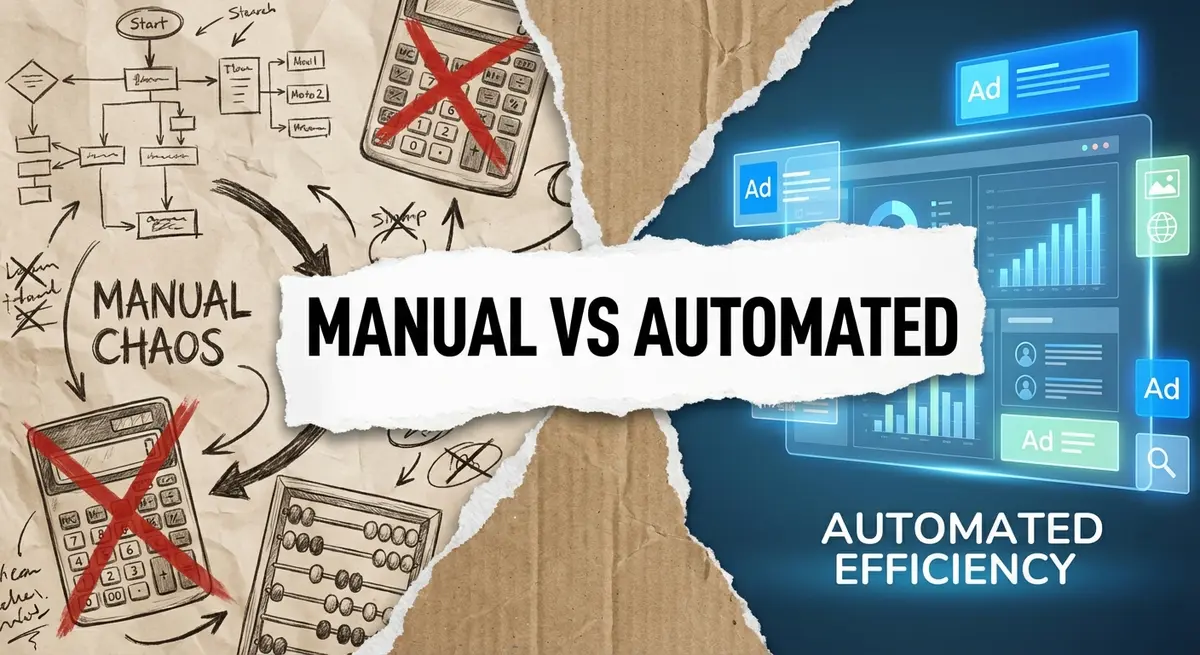Comparison of manual design struggles versus streamlined AI ad generation for craft supplies pricing