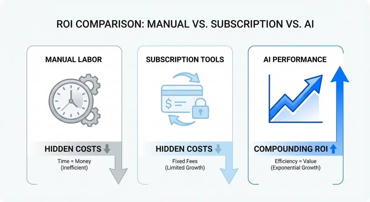 Infographic comparing manual labor costs versus ai ad generation for ebay sellers cost and ROI