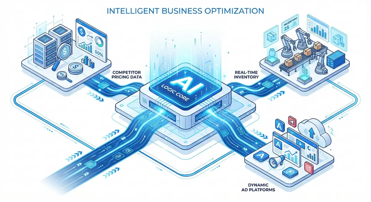 Diagram showing integration of AI ad generation for electronics stores pricing with inventory and competitor data