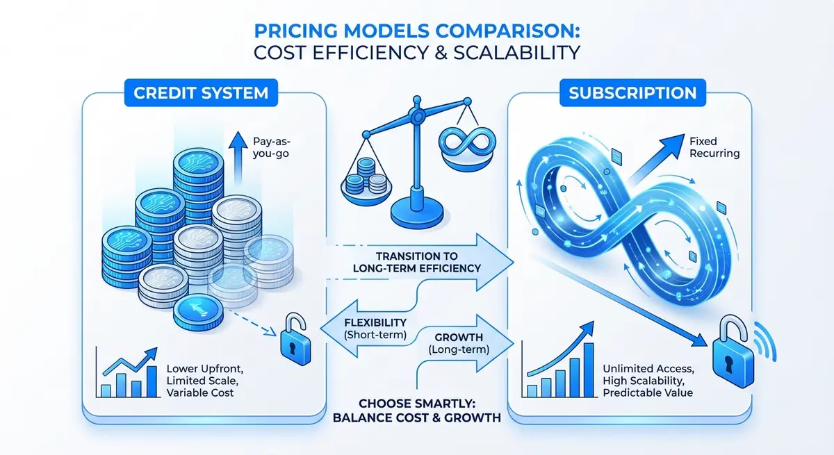 Infographic comparing credit-based vs subscription models for ai ad generation for eyewear brands pricing