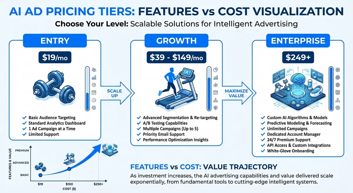 Infographic showing AI Ad Generation for Fitness Brands Pricing tiers