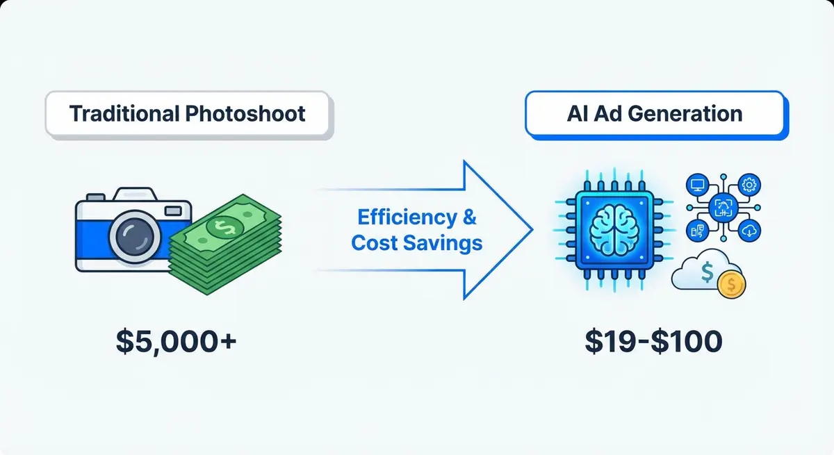 Infographic comparing expensive traditional photoshoots with affordable ai ad generation for athleisure brands pricing