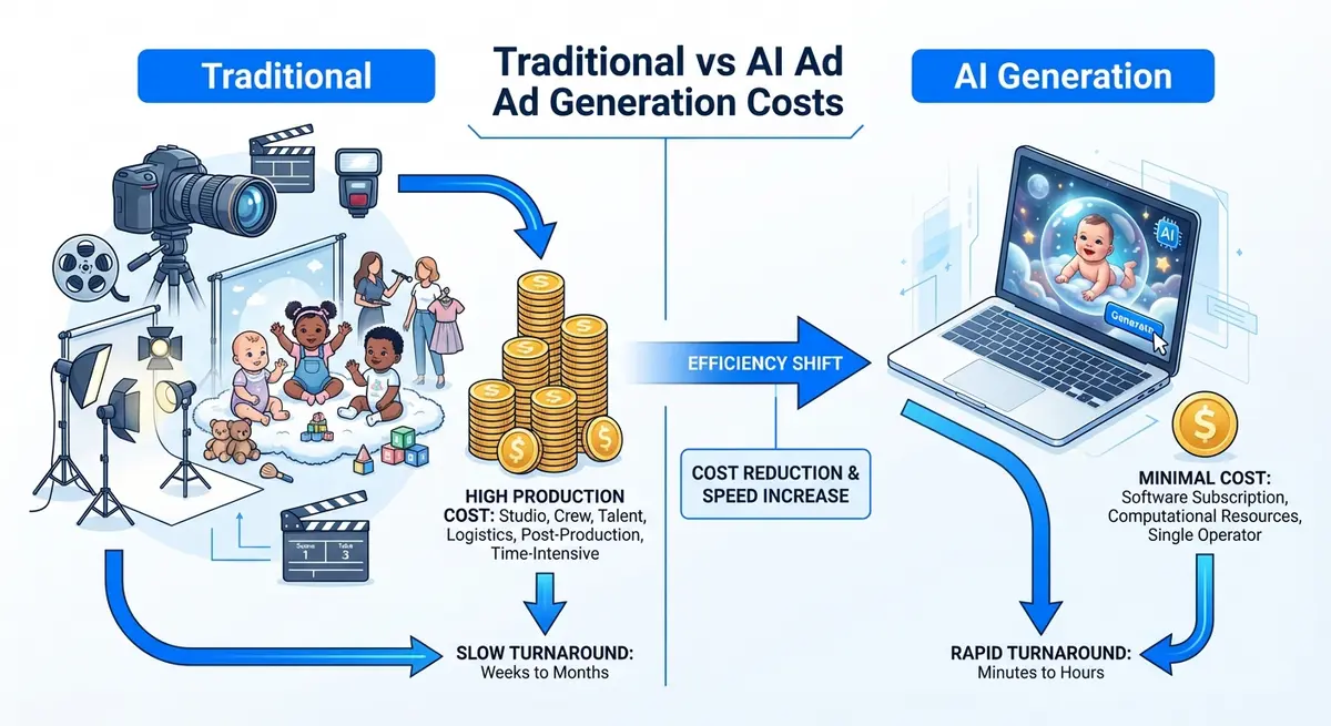 Comparison infographic showing costs of traditional photography versus AI ad generation for baby products pricing