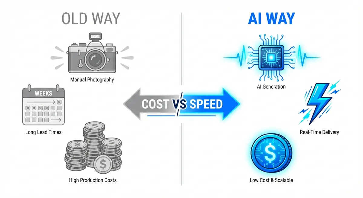 Infographic comparing traditional photo shoots versus AI ad generation for beauty brands pricing efficiency