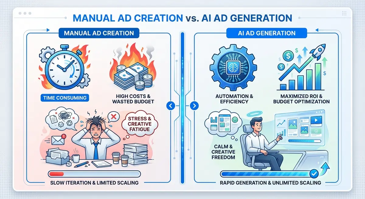 Infographic comparing manual ad creation versus AI ad generation for BigCommerce pricing efficiency