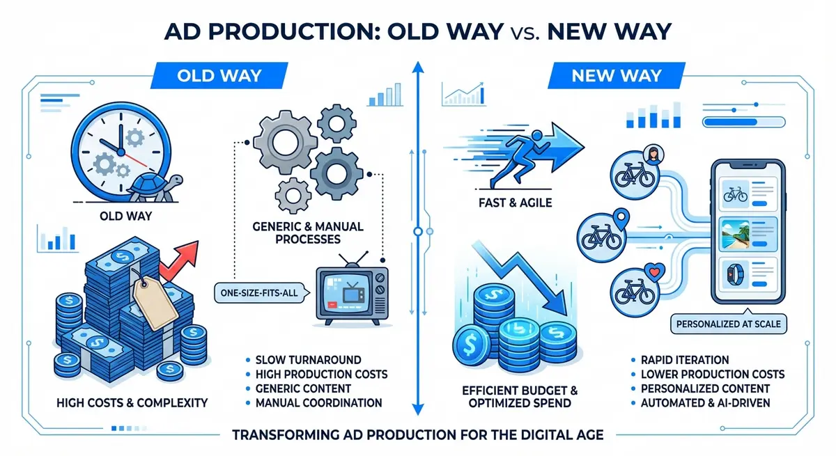 Infographic comparing manual ad production costs versus AI ad generation for bike brands cost efficiency