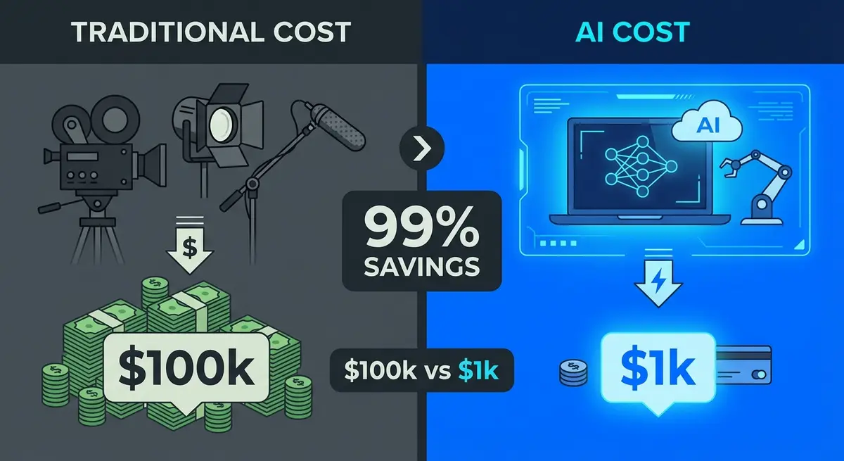Infographic comparing traditional video production expenses against ai ad generation for camera gear cost