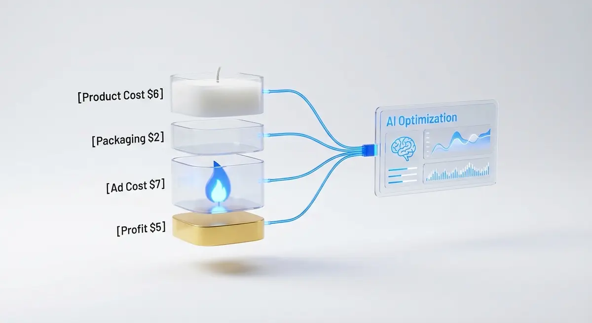 Infographic showing retail price breakdown for AI ad generation for candle brands pricing strategy