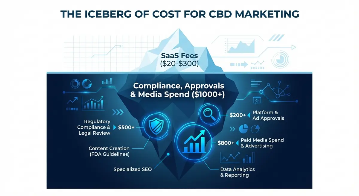 Infographic showing the hidden costs of ai ad generation for cbd brands including compliance and media spend