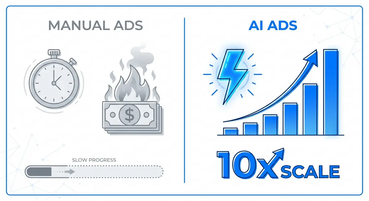 Infographic comparing manual ad creation expenses versus scalable ai ad generation for ecommerce cost efficiency