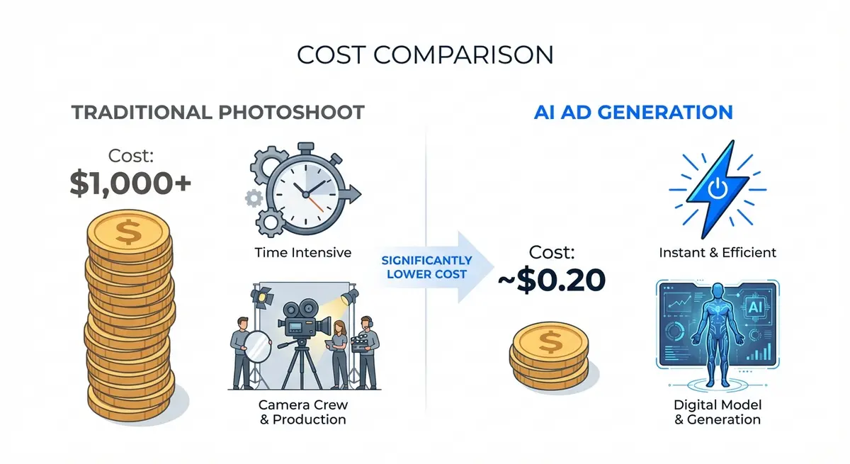 Infographic comparing ai ad generation for fashion brands cost versus traditional photography
