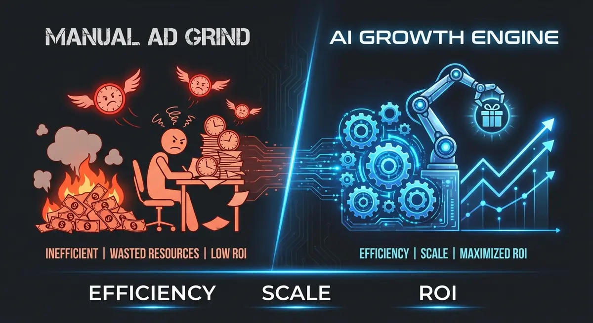 Infographic comparing manual ad costs versus AI ad generation for gift stores cost efficiency