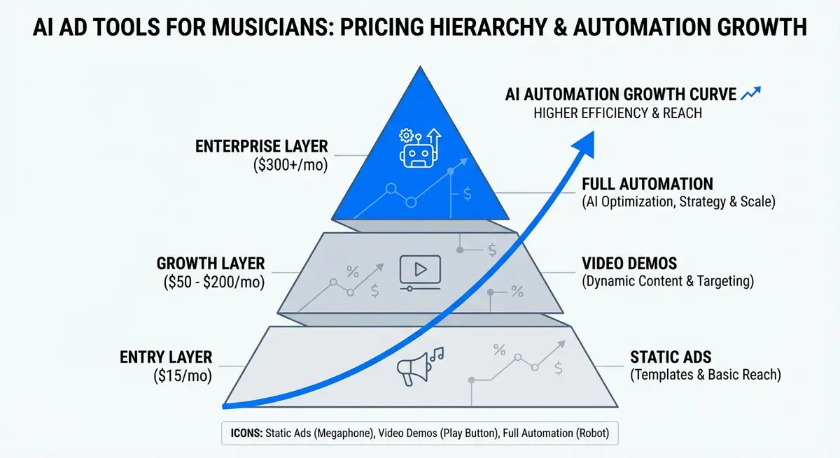 Infographic showing AI ad generation for instrument brands pricing tiers from entry to enterprise
