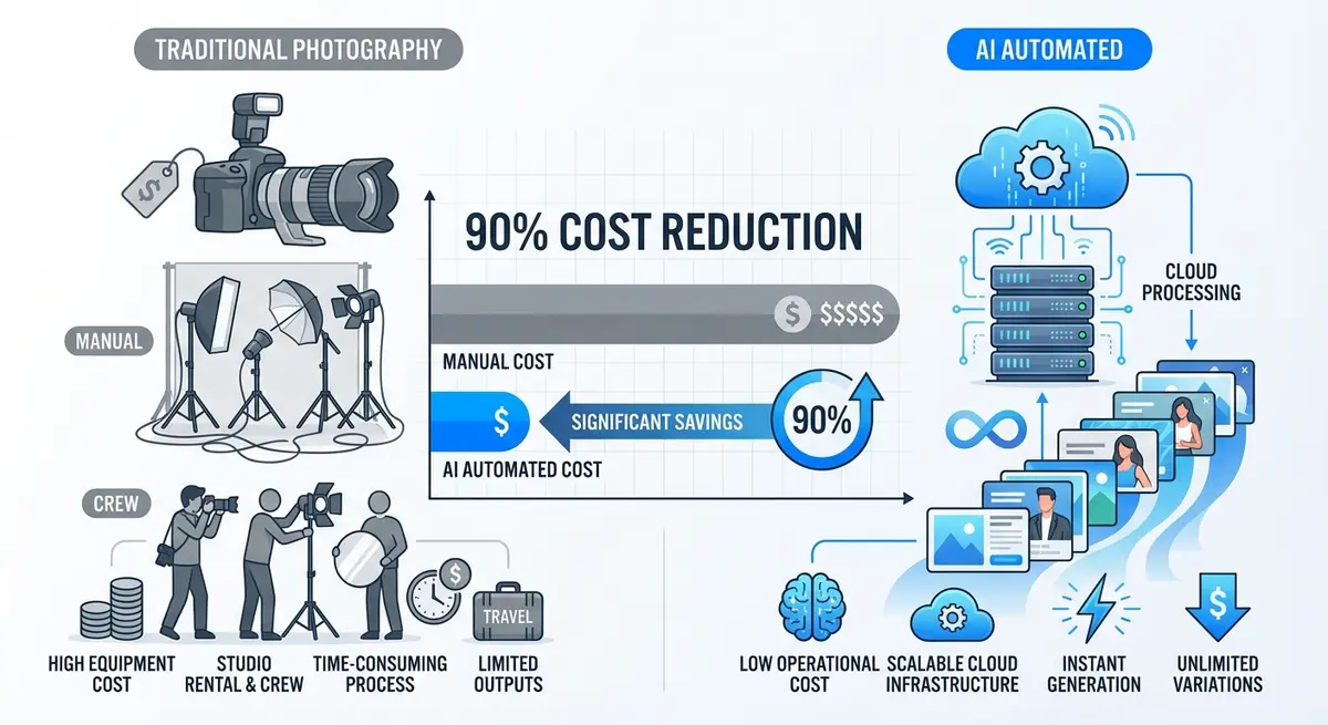 Infographic comparing traditional studio costs versus ai ad generation for lighting brands cost