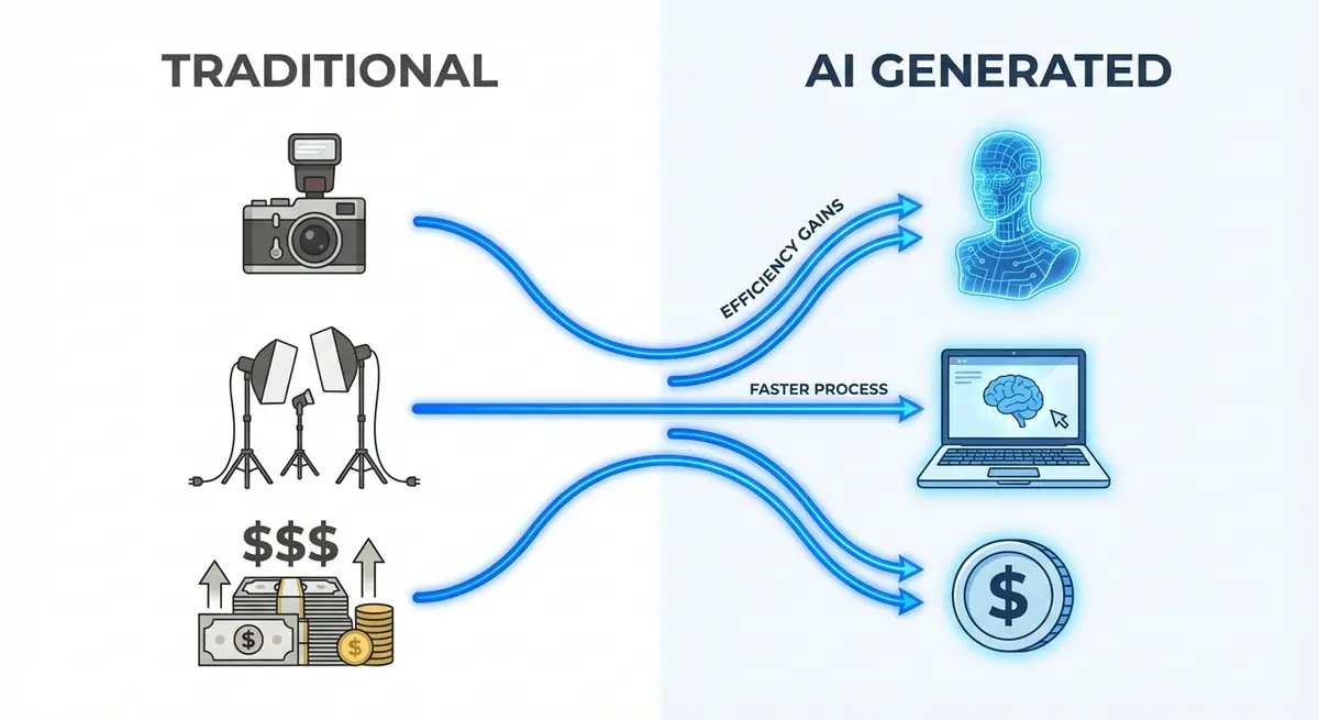 Infographic comparing traditional photoshoot costs versus ai ad generation for lingerie brands cost