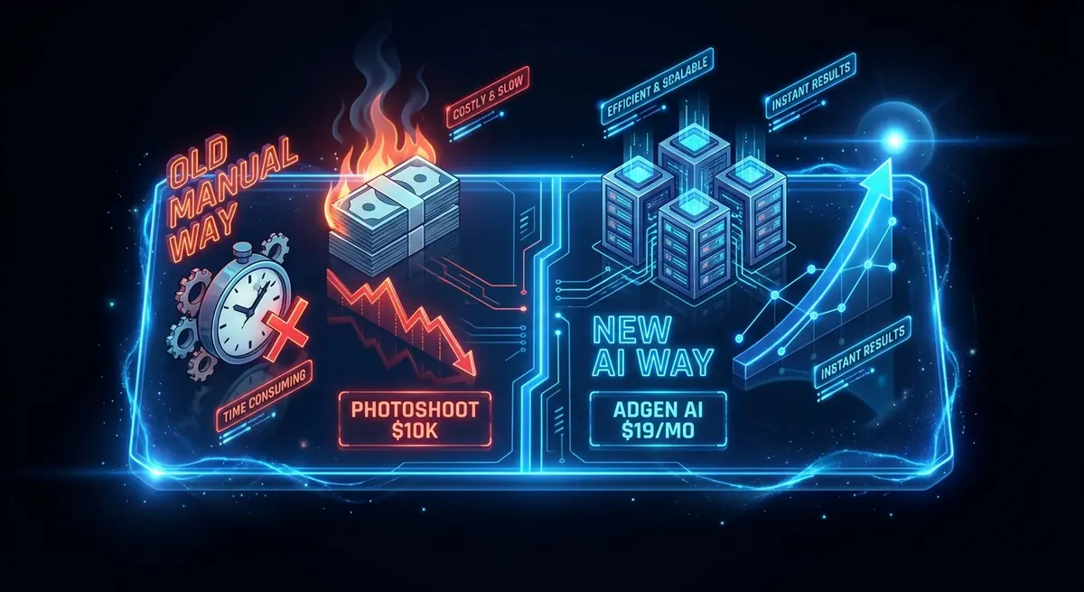 Infographic comparing manual photoshoot costs versus ai ad generation for luggage brands pricing models like AdGen AI and MakeUGC