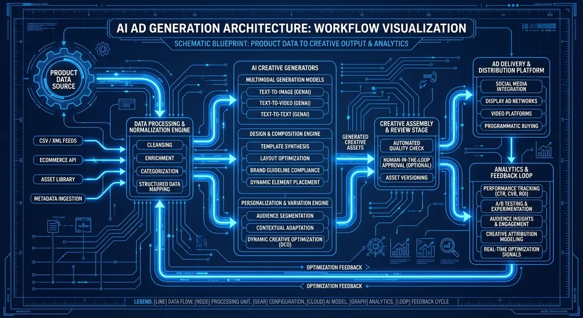 Workflow diagram showing ai ad generation for organic products pricing architecture
