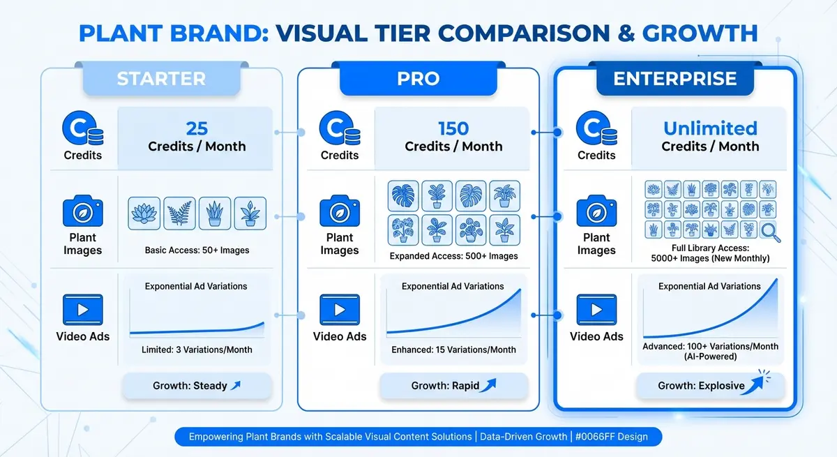 Infographic showing AI ad generation for plant brands pricing tiers and credit usage