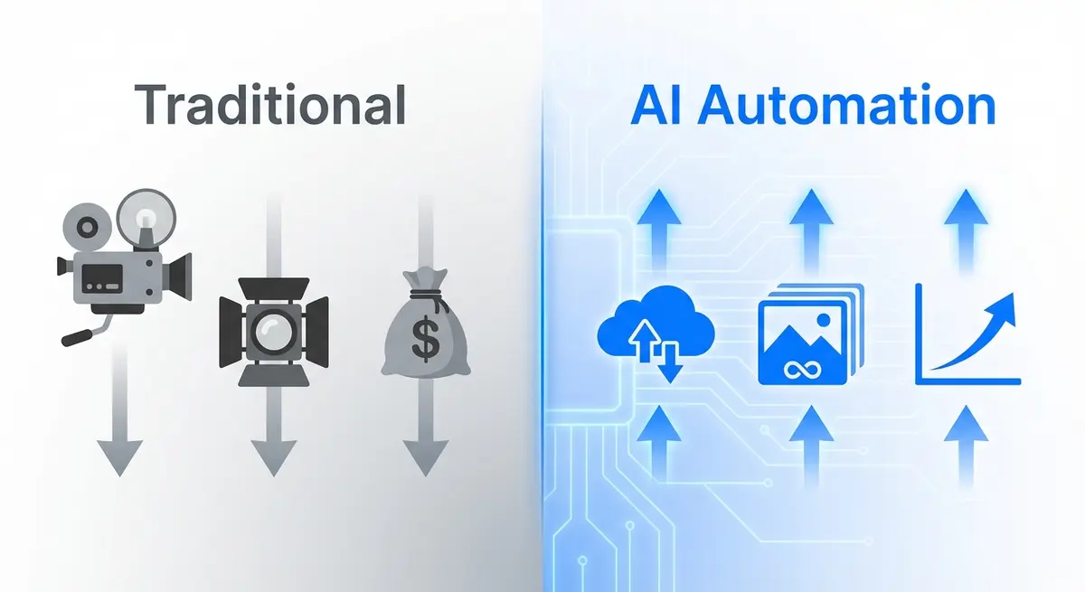 Comparison chart showing ai ad generation for plus size brands pricing cost savings versus traditional photography