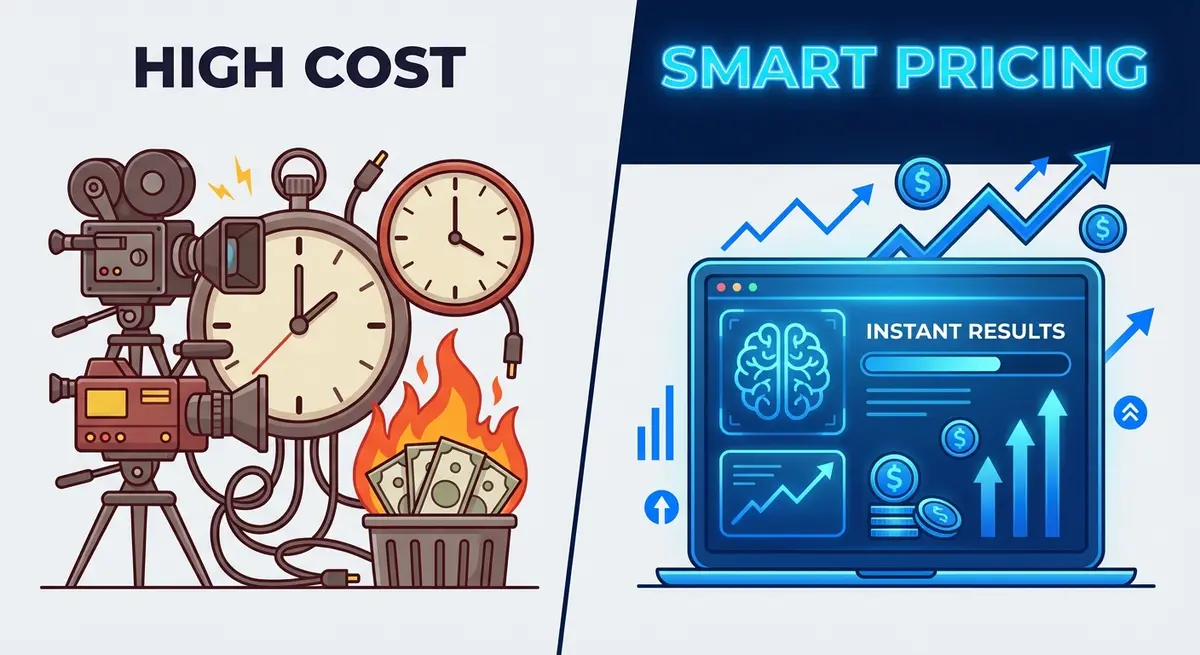 Comparison of traditional photoshoot costs versus AI ad generation for sunglasses brands pricing efficiency