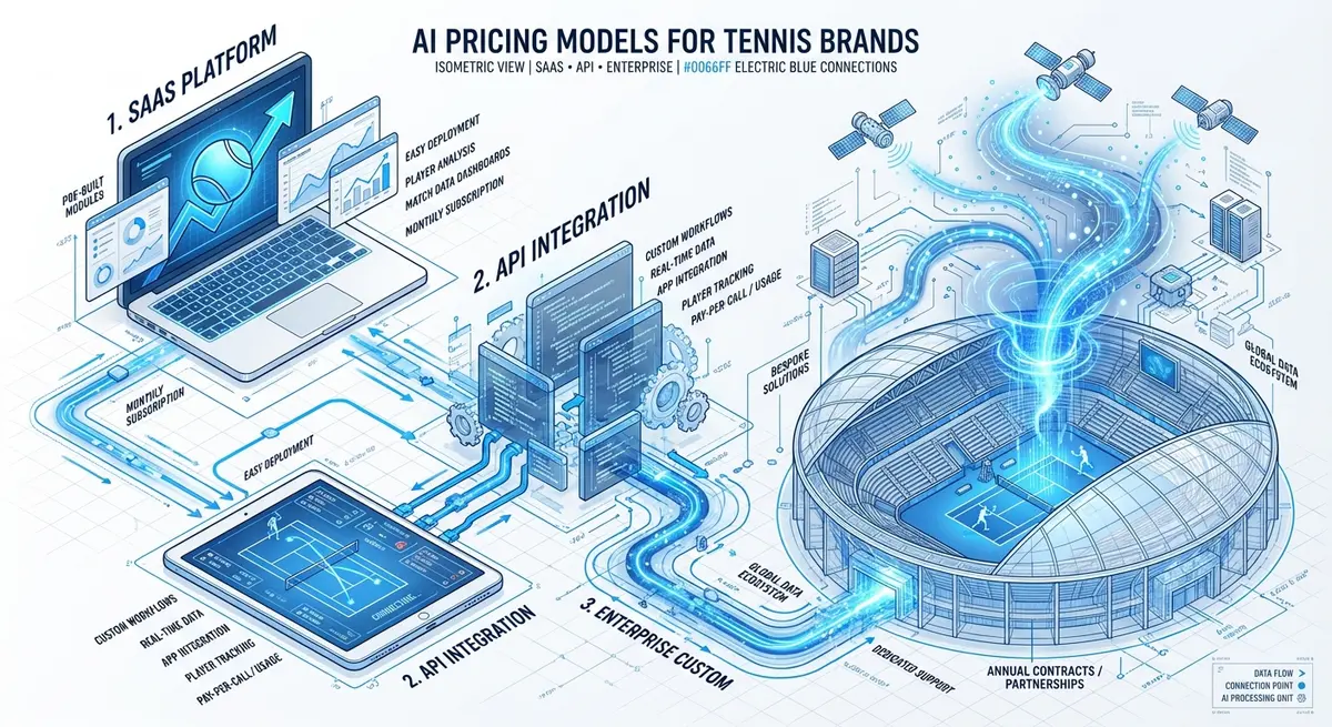 Infographic comparing ai ad generation for tennis brands pricing models: SaaS, API, and Enterprise