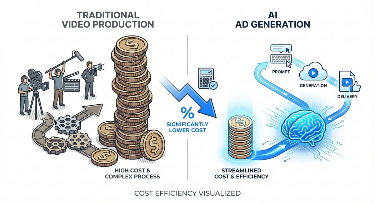Infographic comparing traditional video production expenses vs ai ad generation for toy stores cost
